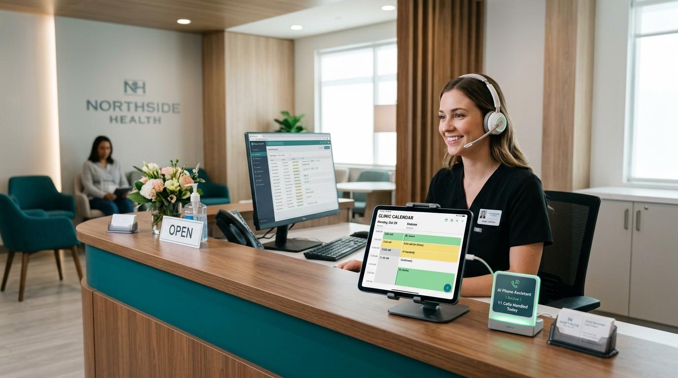 Modern medical clinic reception desk with automated AI call answering technology and calendar integration.