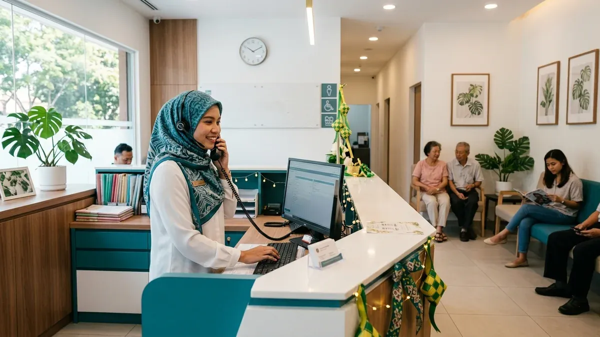 Busy Malaysian clinic front desk during the festive season