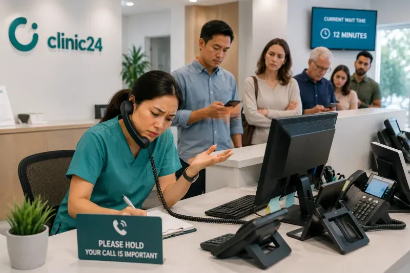 Busy front desk at a US medical practice during morning check-in