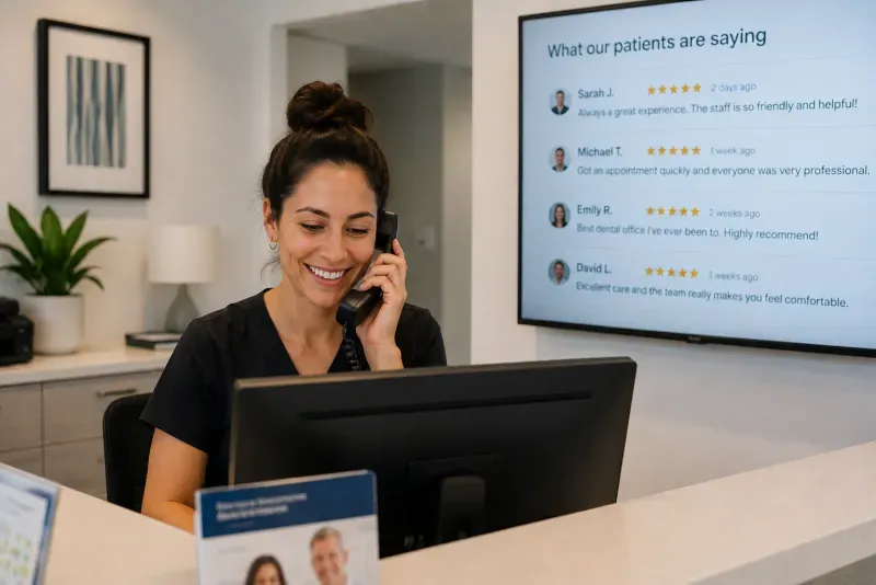 Clinic receptionist in United States smiling while Clinic24 handles patient calls