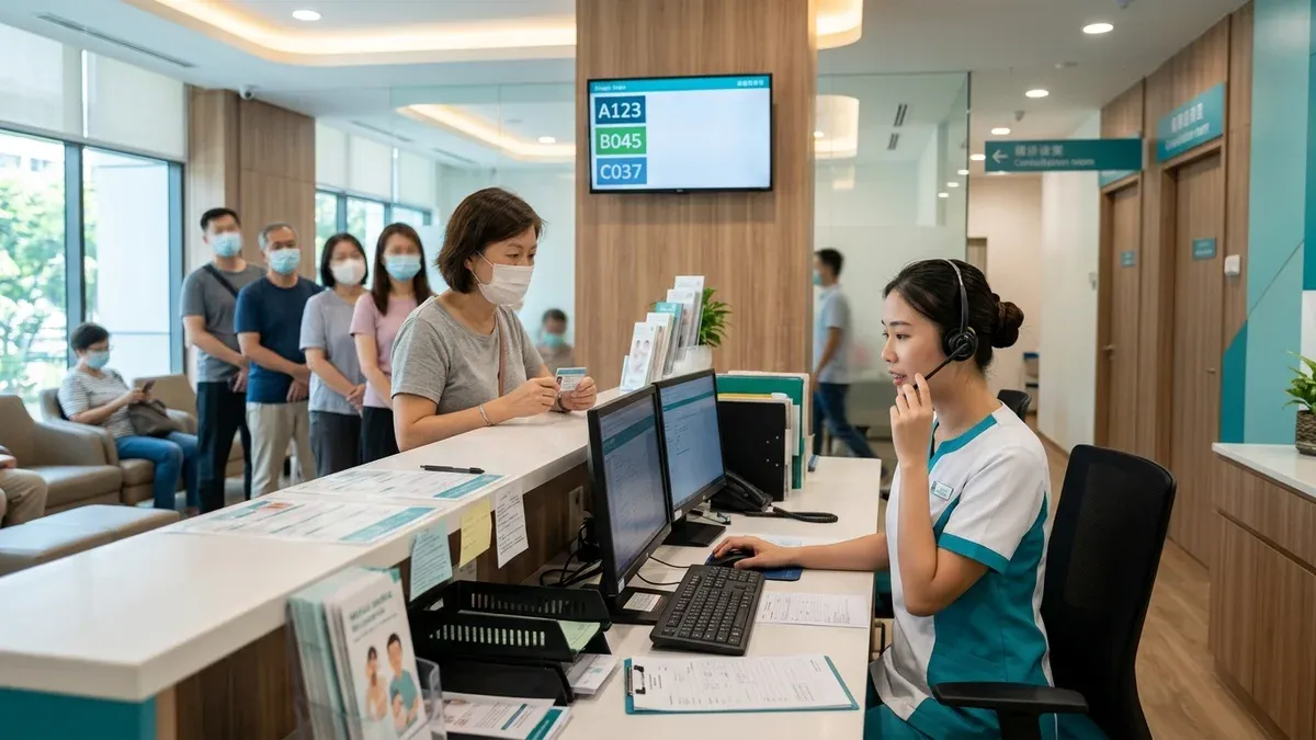 Singapore clinic with a queue at the counter and a busy assistant
