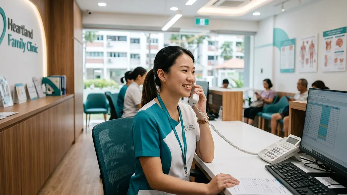 Friendly clinic receptionist taking a patient call in Singapore