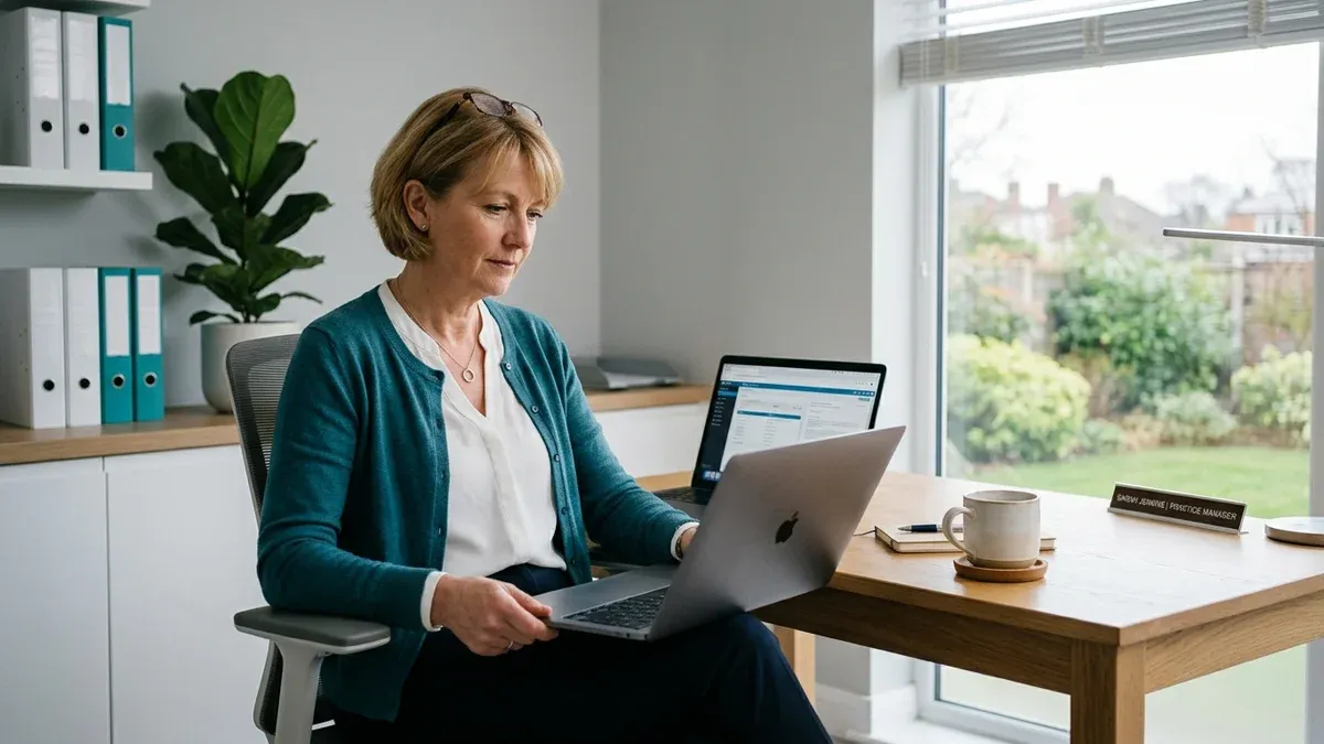 Practice manager checking call records securely on a laptop