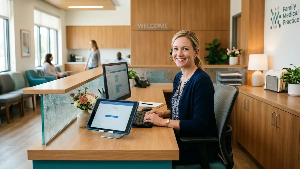 Medical receptionist on the phone at a US practice front desk